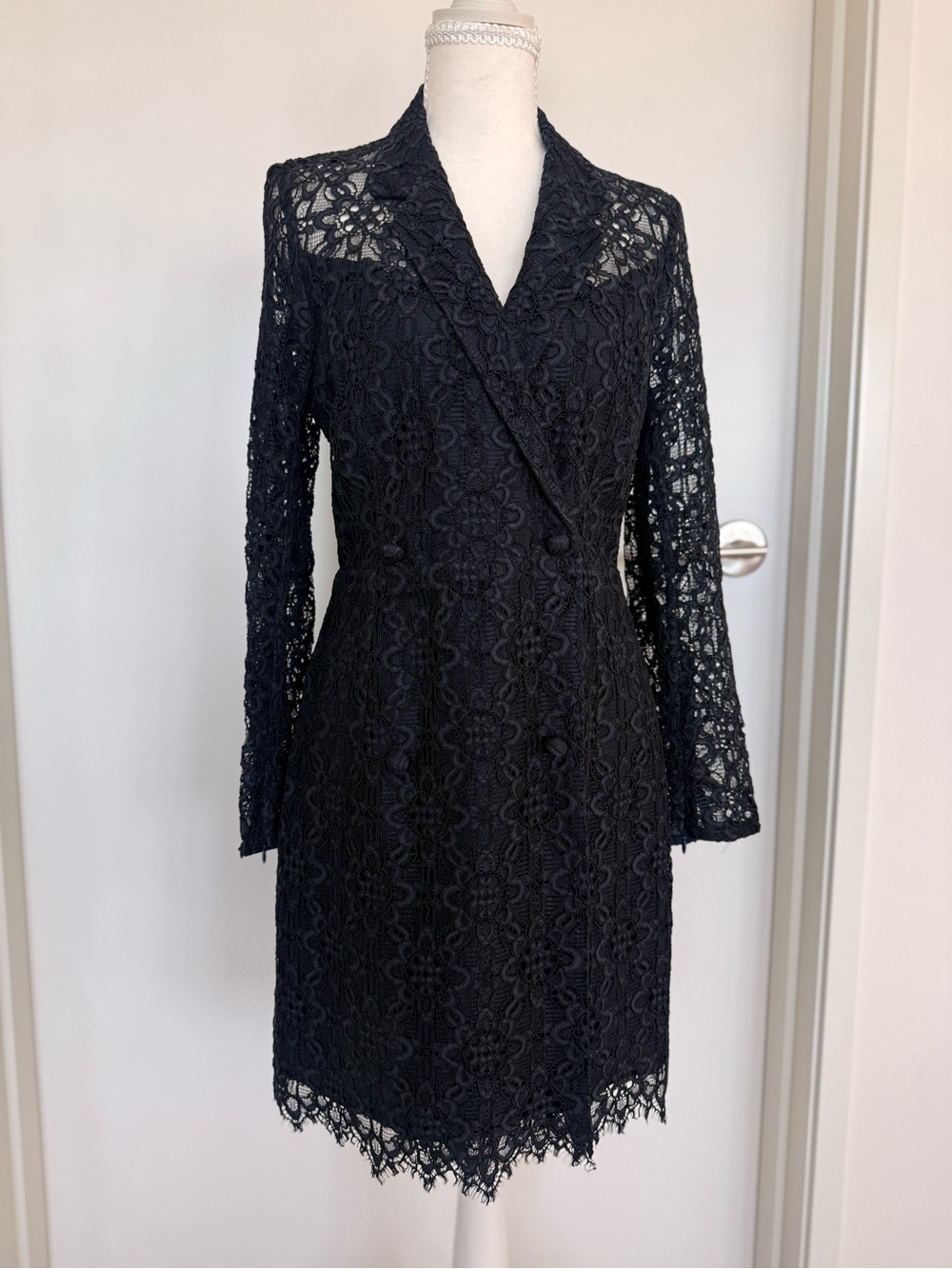 Sandro Black Lace Long-Sleeve V-Neck Dress